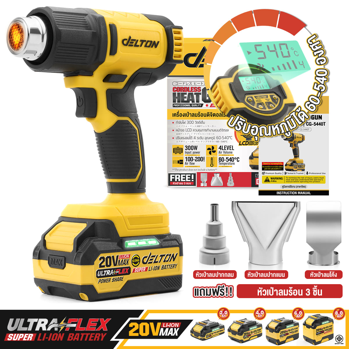เครื่องเป่าลมร้อนไร้สาย (พร้อมแบตเตอรี่) DELTON รุ่น CG-5440T ULTRAFLEX 20V 2AH_10